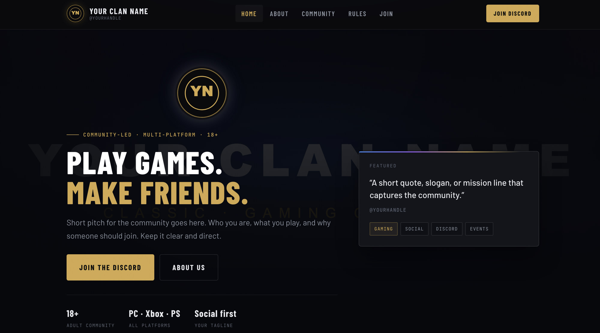 Classic clan landing mockup — dark gold PLAY GAMES. MAKE FRIENDS. community site