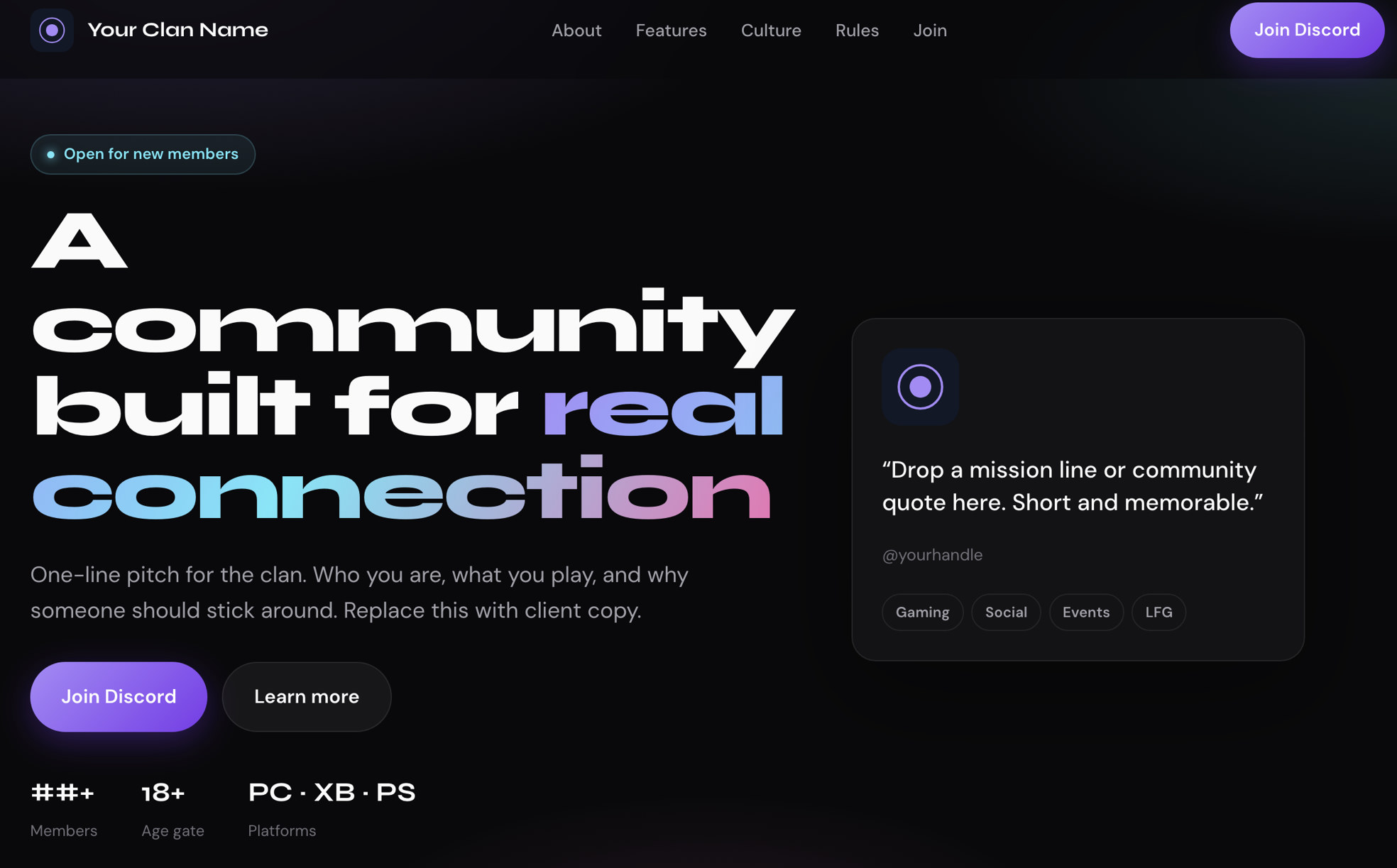 Pulse clan landing: dark UI with gradient headline A community built for real connection, purple Join Discord button, mission quote card